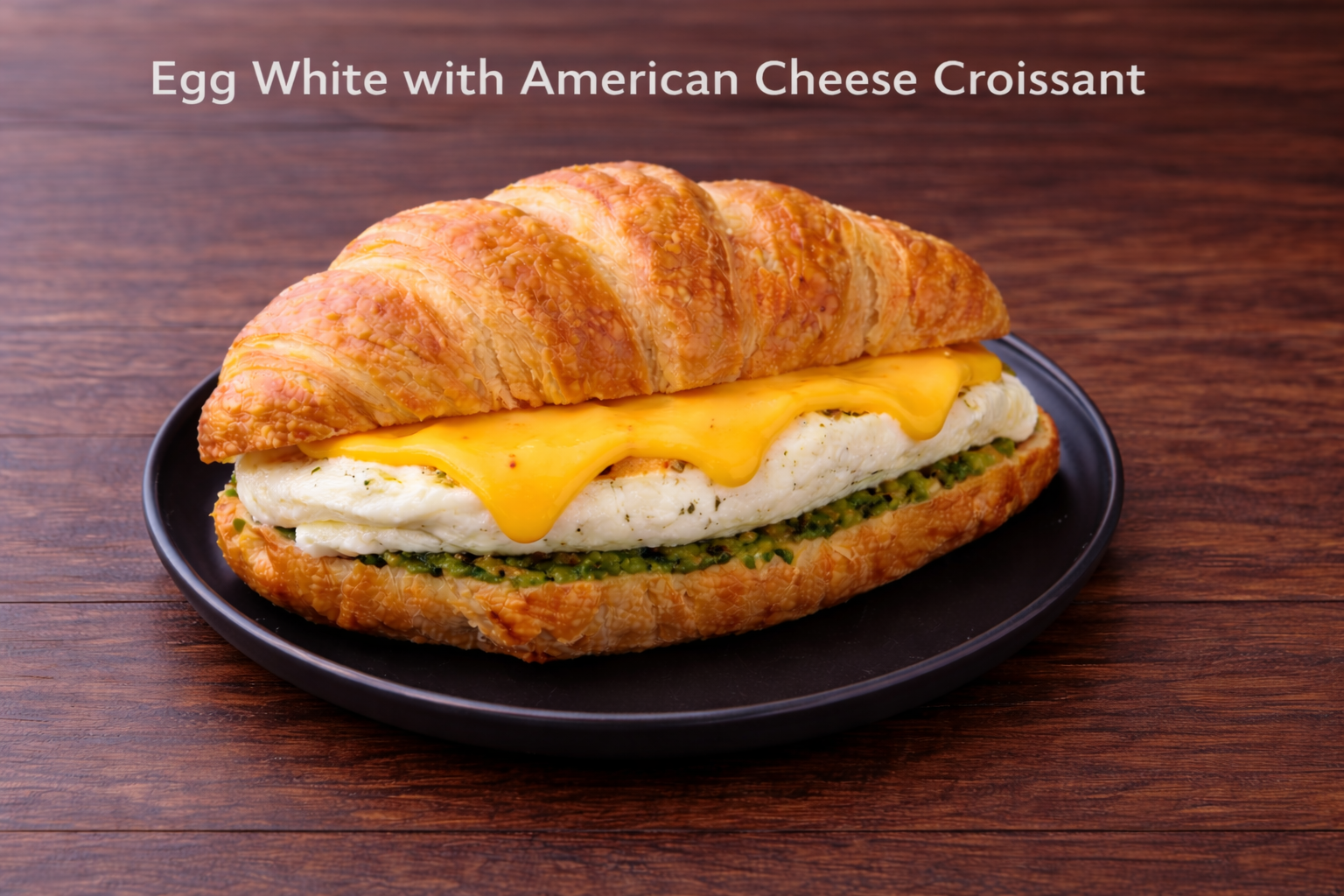 Croissant sandwich with egg white and American cheese on a dark plate against a wooden background