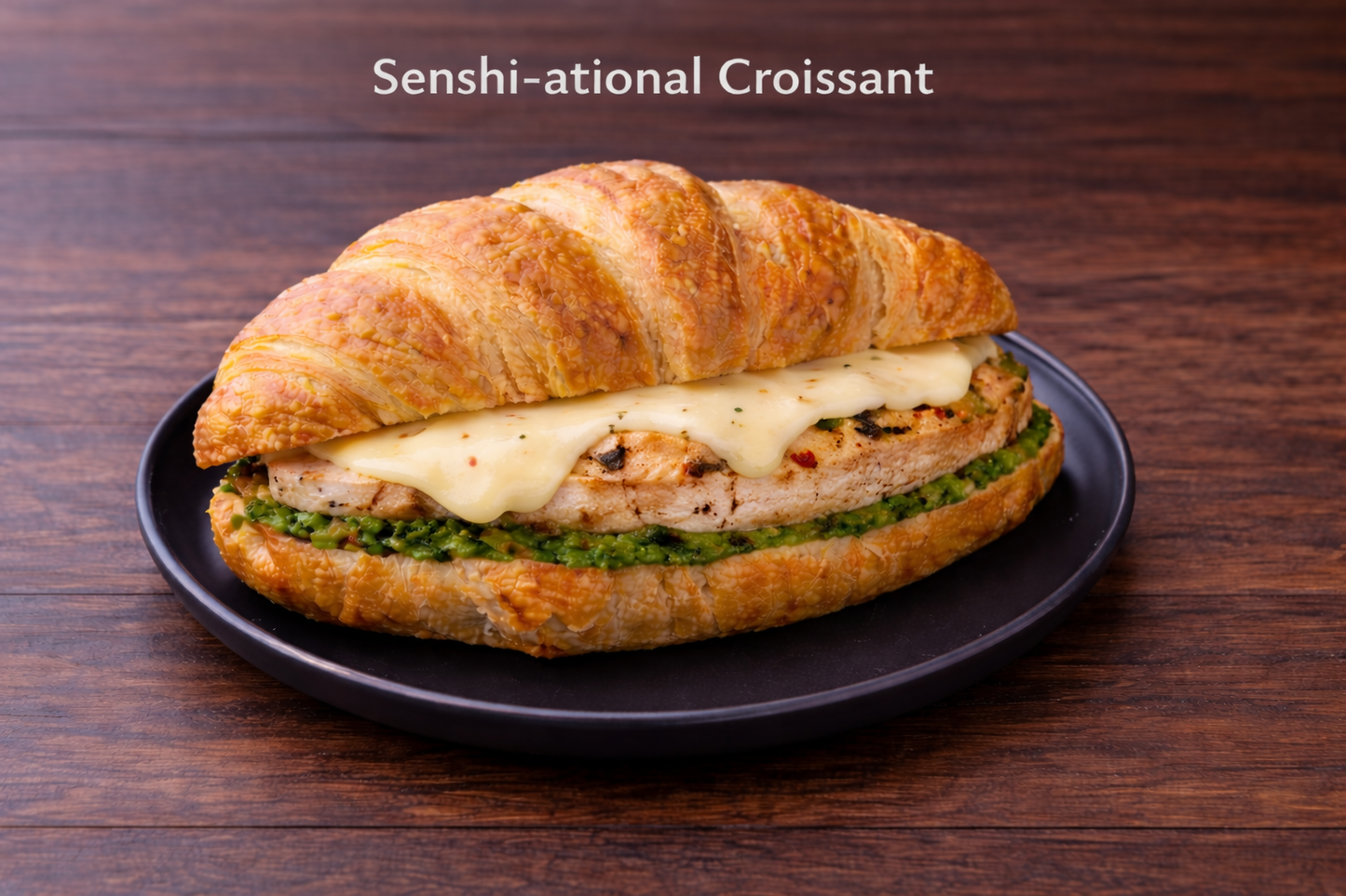 Croissant sandwich with cheese rosemary grilled chicken and basil pesto on a black plate, set against a wooden background.