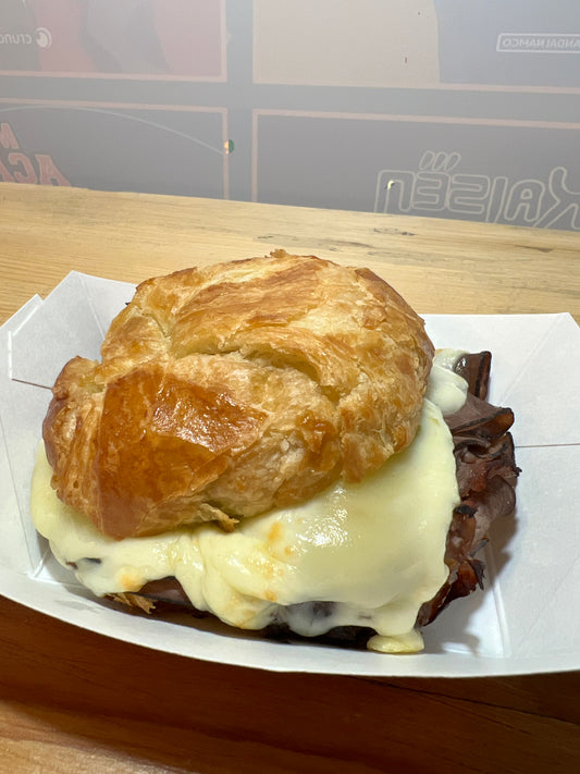 The charmy roast beef croissant sandwich. Roast beef, pepper jack cheese, avocado salsa, croissant. Santa Fe, New Mexico.