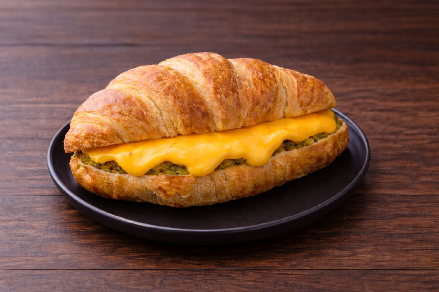 Croissant sandwich with cheese and basil pesto on a black plate against a wooden background